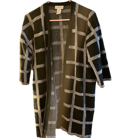 Carmen Marc Valvo Flannel Plaid Open Cardigan Black Cream Women's Size  Small - Picture 1 of 4